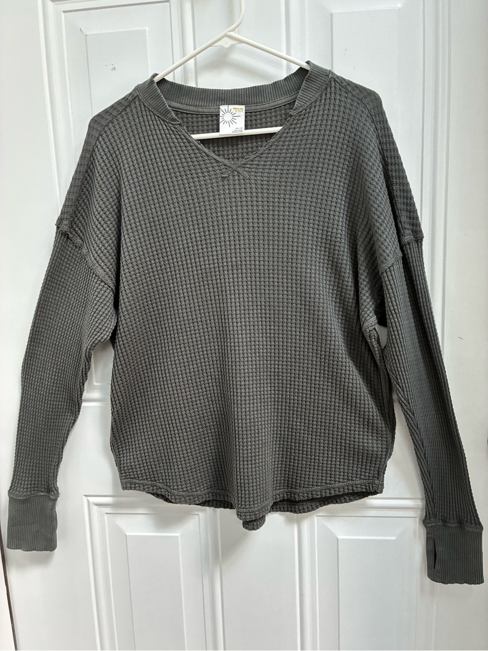 OFFLINE By Aerie Wow! Waffle Notch Neck Long Sleeve T-Shirt in Smoked gray